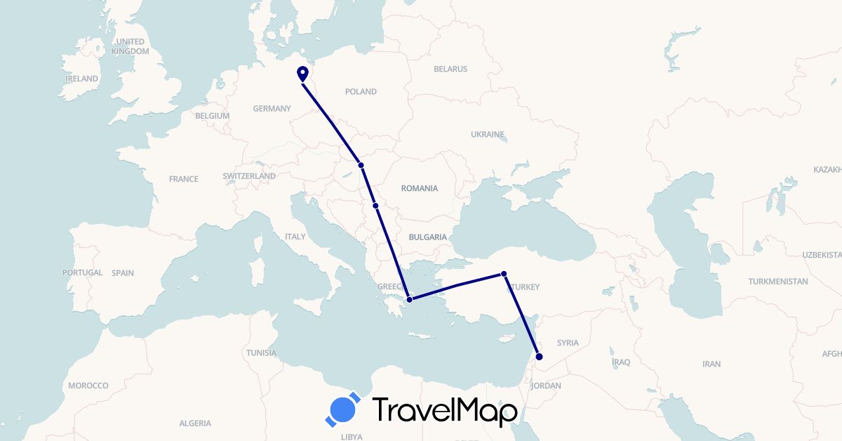 TravelMap itinerary: driving in Germany, Greece, Hungary, Serbia, Syria, Turkey (Asia, Europe)