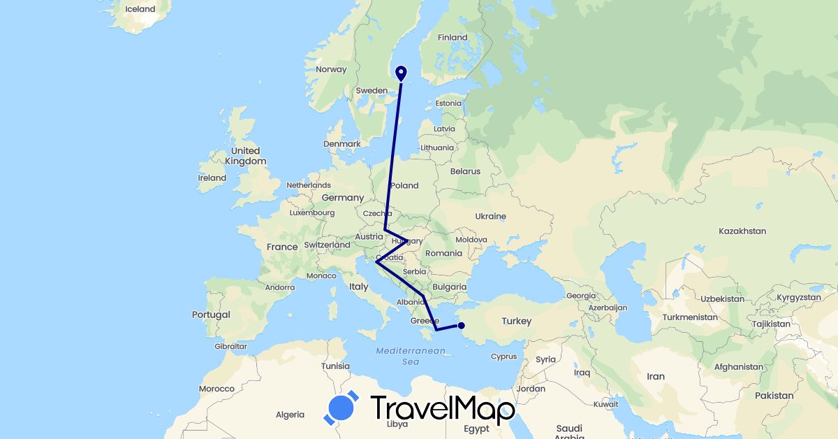 TravelMap itinerary: driving in Austria, Greece, Croatia, Hungary, Macedonia, Sweden, Turkey (Asia, Europe)